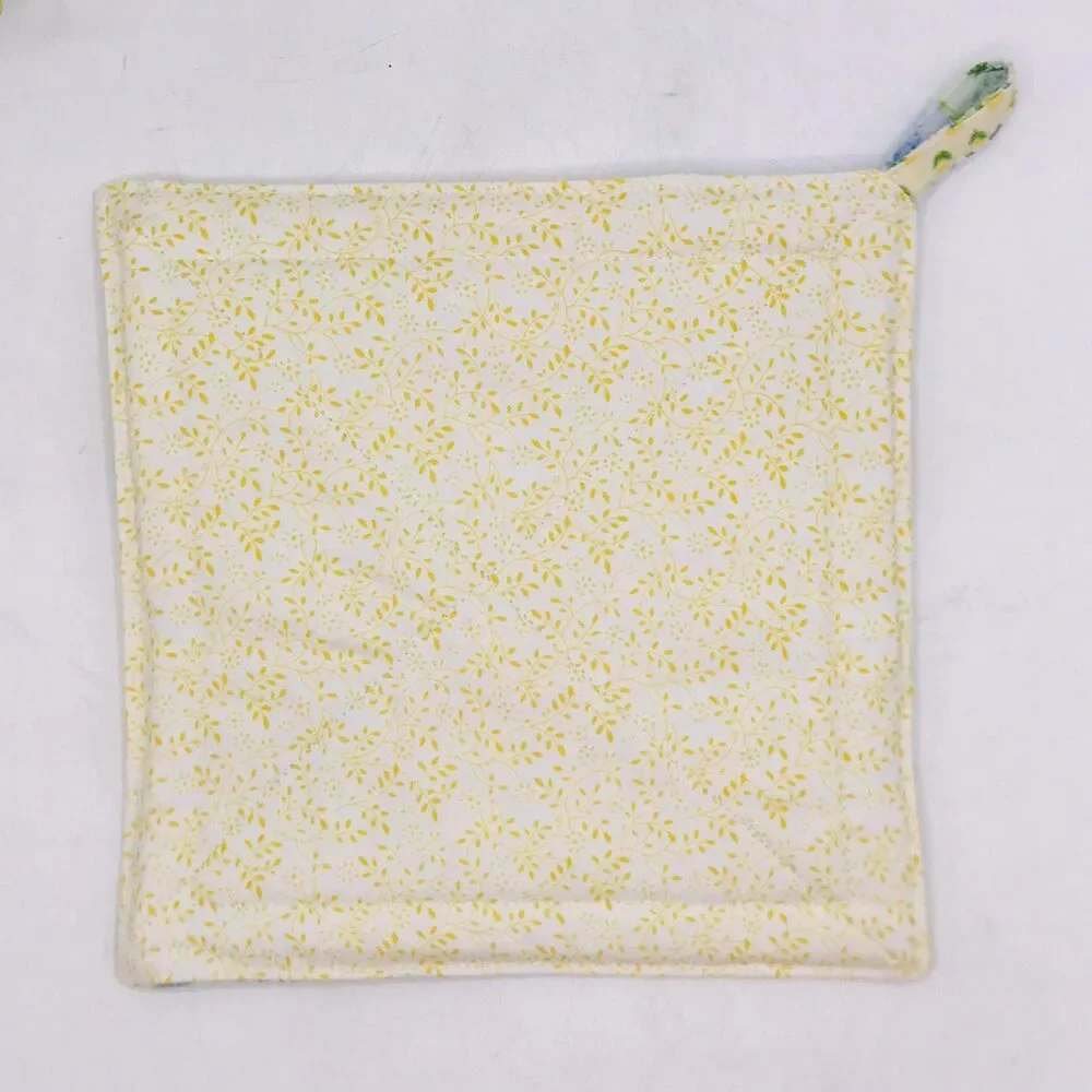 2 Square Potholders, Yellow Blue Patchwork Cottage Core Kitchen 7x7 Inches